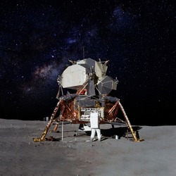 Astronaut on moon (lunar) landing mission with earth on the background. Elements of this image furnished by NASA.
