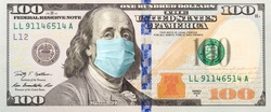 Full 100 Dollar Bill With Concerned Expression Wearing Medical Face Mask.
