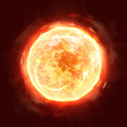 Vector illustration of huge realistic sun with fire storms, protuberances and eruptions, emissions into space, central object of the Solar system isolated on background