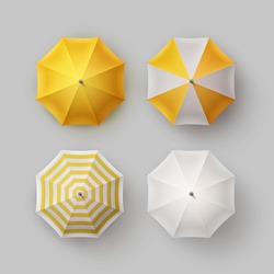 Vector Set of White Yellow Striped Blank Classic Opened Round Rain Umbrella Parasol Sunshade Top View Mock up Close Isolated on Background