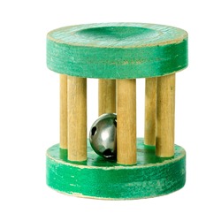 Antique wooden green rattle isolated on white