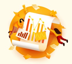 Small 3d flying and analyzing diagram data. Business audit concept. Vector illustration