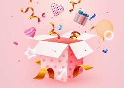 Cute Surprise Gift Box With Falling Confetti. Present box as prize concept. Vector illustration
