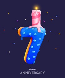 Birthday cake font number 7 with candle. Seven year anniversary. Tasty collection. Vector illustration
