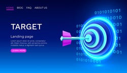 Target neon landing page, banner business 3d icon. Vector illustration