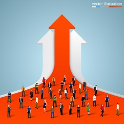 People crowd on the graph, Businessman of success, Arrow finance up, Arrows business profit info. Profit red arrow with people,  Vector illustration