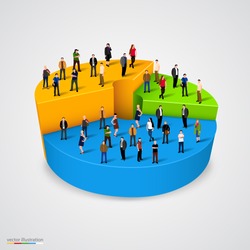 Many people standing on pie chart conceptual vector design