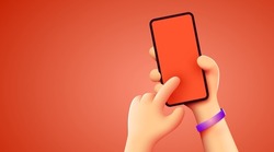 Holding phone in two hands. Phone mockup. Editable smartphone template. Touching screen with finger. Vector illustration 