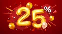 25 percent Off. Discount creative composition. 3d golden sale symbol with decorative balloons and confetti. Sale banner and poster. Vector illustration.
