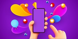 Holding phone in two hands. Phone mockup. Color explosion. Touching screen with finger. Vector illustration