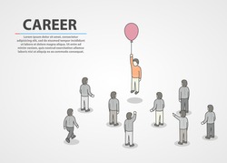 Person holding small air balloon on raised hand while flying up and people crowd around looking at him. Career concept. Vector illustration