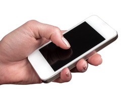Smartphone hold in the woman hand on a white background