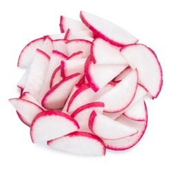 top view of pile of vegetables, radish roots cut into half rings on white background