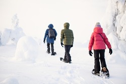 Back view of family father and kids hiking in beautiful winter forest in Lapland Finland