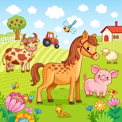 Pets graze near the farm. Vector illustration with cute farm in a children's, cartoonish style.