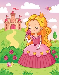 Little cute princess in a beautiful dress sniffs a red flower on the background of a castle in a green meadow. Vector illustration with a girl in a cartoon style.