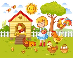 A little girl feeds chickens and hens around the chicken coop. Farm Vector illustration in children`s style.