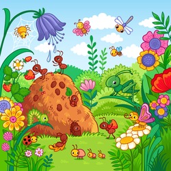 Vector illustration with an anthill and insects. Nature, flowers and insects in the children's style.