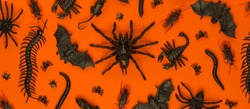 Black Halloween creepy crawly bugs and spiders on orange background
