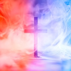 Christian cross surrounded by red and blue smoke symbolizing Heaven and Hell, good and evil, right and wrong, or other metaphor for moral choices.