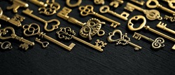 Vintage Victorian style golden skeleton keys. Concepts of keys to success, unlocking potential, or achieving goals.
