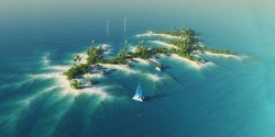 Summer paradise tropical private island with wind turbines energy, bungalows, palm trees. View from above. Luxury life concept. Traveling holiday background. 3d rendering illustration