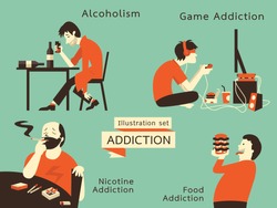 Man in unhealthy addcition lifestyle, acoholism, nicotine addiction, game and food addiction. Vector illustration in vintage style.