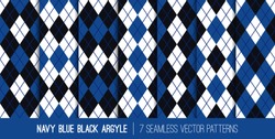Navy, Blue, Black and White Argyle Seamless Vector Patterns. Father's Day Party Backgrounds. Classic Sport Fashion Textile Prints. Pattern Tile Swatches Included.