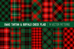 
Red Green Black Christmas Tartan and Buffalo Check Plaid Vector Patterns. Rustic Xmas Backgrounds. Lumberjack Style Flannel Shirt Fabric Textures. Pattern Tile Swatches Included.