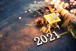 happy new year 2021 with champagne over stone background