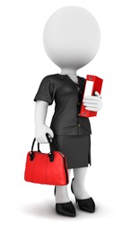 3d white people businesswoman with a file and a handbag, isolated white background, 3d image