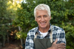 Portrait of happy senior farmer smiling and looking at camera. Cheerful old man with grey hair wearing apron outdoor with copy space. Satisfied smiling gardener in field standing with folded arms.