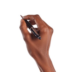Closeup of african american woman hands holding pen and writing on white copy space. Detail of black businesswoman writing your text and signing isolated on white background.