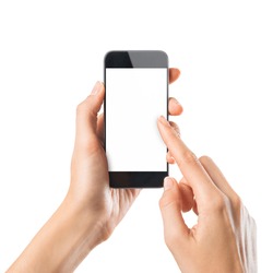 Closeup shot of a woman typing on mobile phone isolated on white background.. Girl's hand holding a modern smartphone and pointing with figer. Blank screen to put it on your own webpage or message.