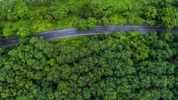 Aerial view asphalt road through green tropical rainforest nature landscape