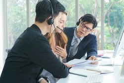 Business man woman callcenter team discussion about customer splve pleoblem brainstorm concept