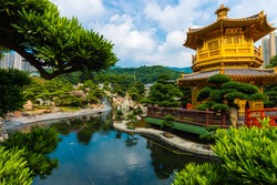 Hongkong Temple Pavilion of Absolute Perfection in the Nan Lian Garden with river, Hong Kong.