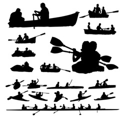Over twenty peoples vector silhouettes on boats and kayaks.