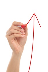 Woman hand drawing a growth arrow in the air with a marker with a white isolated background