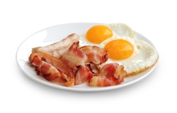 Plate with fried eggs, bacon and chicken sausage on white background