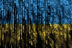 Ukraine blue and yellow bicolor flag matrix background generated on computer. Illustration suitable for banner or background. Ukrainian IT or hacker concept
