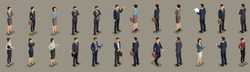Isometric People businessmen, businessman and business woman, people in business suits during work, front view rear view isolated on a dark background. Vector illustration