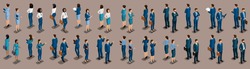 Isometric large set of businessmen and business woman, front view and rear view, vintage background vector illustration