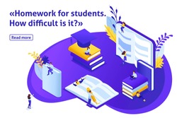 Template design article banner, Isometric concept Homework for e-learning students, read and write using gadgets. Easy to edit and customize.