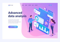 Isometric concept Young entrepreneurs review reports and analyze data.Template landing page for website