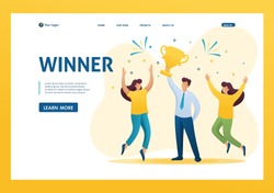 Successful businessman celebrating a victory, and to triumph Cup winners. Flat 2D character. Landing page concepts and web design