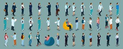 Trend Isometric people of different professions, hospital staff, surgeon, doctor, nurse, freelancers, business woman and businessman in suits insulated. Vector illustration.
