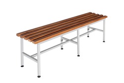 Wooden and metal bench for locker room. Park bench. Bench isolated.