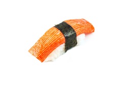 Sushi crab stick (kani nigiri) on white background
