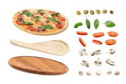 pizza margherita with a set of ingredients on a white isolated background